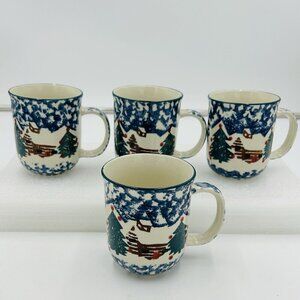 Tienshan Folk Craft Cabins In The Snow Red Dot Coffee Mugs Set Of 4 Christmas